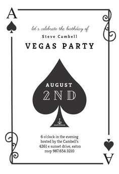 the las vegas party flyer is shown in black and white, with an ace playing card