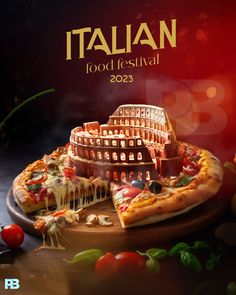 a pizza on a plate with the words italian food festival in front of it, surrounded by other foods and vegetables