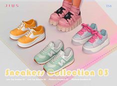 four pairs of sneakers with bows on the top and bottom, all in pastel colors