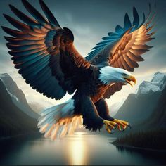 an eagle flying over a body of water with mountains in the background