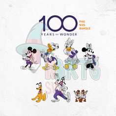 the 100 years of wonder mickey mouse and other disney characters are depicted in this poster