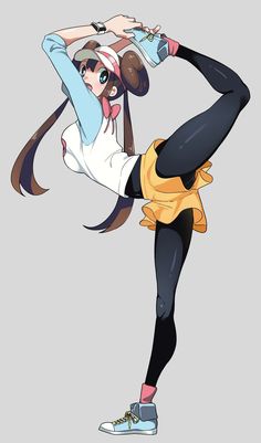 an anime character with long brown hair and black pants, holding her arms up in the air