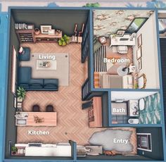 an overhead view of a house with the living room and kitchen in each section,