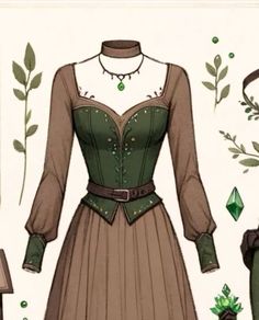 an illustration of a woman's dress and hat with green jewels on it, as well as other items