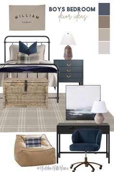 Navy boys bedroom mood board! Decor ideas for a boys room Blue Plaid Bedroom Ideas, Navy Rug Bedroom Ideas, Black Bed Navy Bedding, Boys Black Metal Bed, Boys Bedroom With Metal Bed, Twin Black Metal Bed Frame Bedroom Ideas, Boys Room With Navy Bedding, Boys Room Grey Bed, Bedding For Boys Room