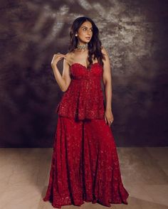 Rakul Singh’s Seema Gujral sharara + strapless peplum is your lesson on acing a sensual look | Vogue India | Wedding Wardrobe Red Sharara, Seema Gujral, Embroidered Sharara, Net Embroidery, Bridesmaid Saree, Indian Bride Outfits, Beads Embroidery, Rakul Preet, Bollywood Outfits