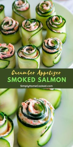 cucumber appetizer smothered salmon on a white plate with text overlay