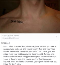 a man with a tattoo on his chest and the words don't blink written in it