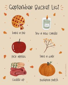 an autumn bucket list with pumpkins, apples and pie