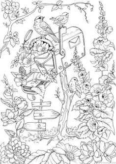 a coloring page with flowers and birds in the garden, one bird is sitting on a mailbox