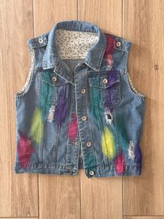 Exceptional quality hand painted denim vest with cute distressed details Painted Denim Vest, In Love Art, All Is Fair In Love, Hand Painted Denim, Womens Jackets, Painted Denim, Art Hand, Denim Vest, Love Art