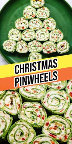 christmas pinwheels on a green plate with the title overlay reads christmas pinwheels