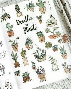 an open notebook with plants drawn on it and the words doodles of plants written in cursive writing