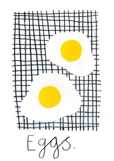 two fried eggs on a grid pattern with the word eggs written below them in black ink