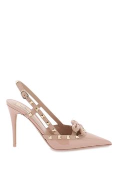 Valentino Garavani patent leather slingback pumps embellished with iconic platinum studs and a nappa bow. Leather footbed and leather sole. Valentino Rockstud, Leather Cap, Slingback Pump, Black Patent Leather, Lanvin, Pump Shoes, Mens Shoes Sneakers, Valentino Garavani, Women's Pumps