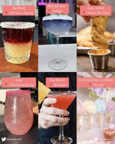 there are many different types of cocktails on the table with their names in them