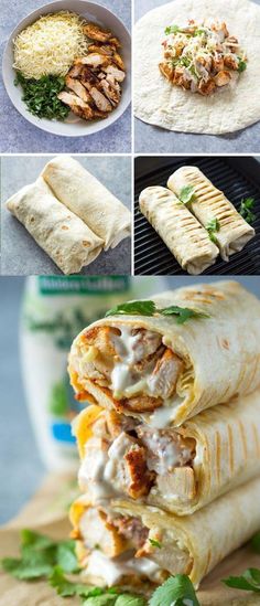 the process of making mexican burritos with chicken and cheese on top is shown