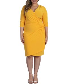 This classic faux wrap dress features a unique inset detail that creates a lovely drape and ruching in the center. A double lining and stretchy material lends comfort. Accessorize this plus-size faux-wrap dress with a chunky gold necklace. Kiyonna Ciara Faux-Wrap Dress | Yellow | Dresses | Materials & Care Instructions: ['Made in USA'] Yellow Ruched V-neck Midi Dress, Dresses Materials, Chunky Gold Necklaces, Stretchy Dress, Faux Wrap Dress, Stretchy Material, Nordstrom Dresses, Jersey Dress, Yellow Dress