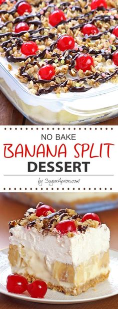 no bake banana split dessert with cherries on top and the title overlay reads, no bake banana split dessert