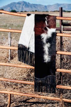 a cow's head sticking out of the side of a fence in a field