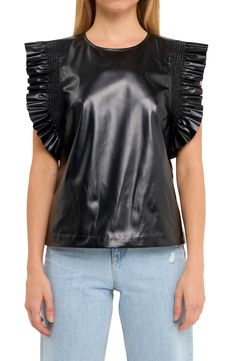 Sweet meets swagger in this faux-leather top fixed with rippling ruffles at the shoulders. Jewel neck Short sleeves Lined 50% polyester, 50% polyurethane Hand wash, dry flat Imported Leather Peplum Tops, Leather Peplum, Faux Leather Top, English Factory, Jewel Neck, Puff Sleeve Top, Leather Top, Dress Pants, Round Neckline