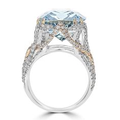 Exquisite One Of A Kind Juleve Aquamarine & Round Diamond Ring. The Center Cushion Cut Aquamarine Weighs 14.76 Carats Total Weight And Is Accompanied By 7 Rows Of Round Diamonds That Weigh 2.10 Carats Total. This Stunning Ring Is Crafted In 14 Karat White & Rose Gold. This Ring Was Proudly Designed & Manufactured In the U.S.A. Round Diamond Ring, Aquamarine Jewelry, White Rose Gold, Cushion Cut, White Rose, White Roses, Round Diamond, Aquamarine, Round Diamonds