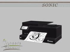 a black printer sitting on top of a white table next to a gray wall with the words sonic above it