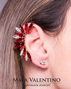 Absolutely  Gorgeous, Two Parts Ear Cuff Design, Available in more Plating and crystal colors, a Special design that feet any ear size split into two pieces, the bottom part stud, top part screw clip-on that you can regulate the hold hardness, unpierced top ear. Designed & Created by Maya Valentino with lovely sparkling crystals from Swarovski®    In "Plating & Side" variations left or right option mens one ear cuff for chosen side and two studs for the bottom ear. Pair means 2 clip-on ear cuffs, one for left, one for the right, and two studs. Clip on Ear climber dimensions: 4.9 cm x 2.5 cm Bottom Stud: 0.8 cm x 0.4 cm 🔴 Basic customize variations available in variations drop-down menu. 🔴 Bulk order & Whole Sale discount available, please contact via Etsy conversation.  🔴 Custom orders Red Stone Earrings, Climbing Earrings, Crystal Colors, Cuff Design, Ear Climbers, Ear Cuff Earings, Jewelry Model, Ear Cuffs, Swarovski Earrings