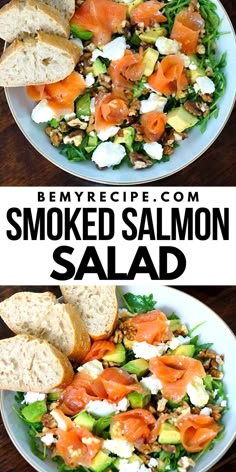 two plates filled with smoked salmon salad on top of a wooden table next to bread