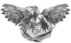 a pencil drawing of an angel with wings on it's back and chest, in front of a white background