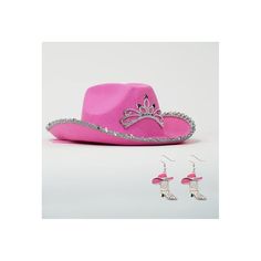 Comes with a set of 2 pink cowboy hat/boot earrings. Earrings are included in a small polybag inside the package. Soft pink drawstring closure helps keep your hat from falling off. LED lights included in tiara on front of hat. On/off switch located on underside of hat. The perfect addition to your cowgirl outfit, costume parties, Halloween or for a night out with the girls! Pink Tiara, Boot Earrings, Pink Dinner Plates, Pink Cowboy Hat, Pink Cowboy, Cowgirl Outfit, Outfit Costume, Fringe Backdrops, Pink Chrome