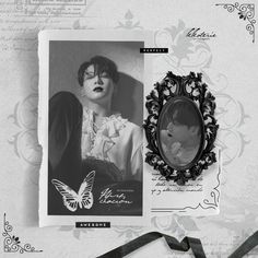 a black and white photo of a woman with a butterfly on her shoulder, next to an ornate frame