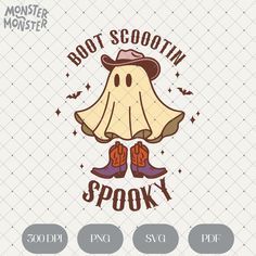 a cartoon character wearing boots and a hat with the words boot scootin spooky on it