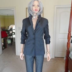 A Lean And Lengthening Silhouette With Front-Button Closure To Accentuate The Waist. Notch Lapel. Long Sleeves With 3-Button Cuffs.Two Exterior Pockets. Center-Back Vent. Peplum Silhouette. Fully Lined With Some Stretch For Comfort And Ease Of Movement. Size 8. New With Tags Attached. Measurements Are: Bust 19", Shoulders 16", Waist 16.5", Length Of Sleeves 24", Length Of Garment 26". No Rips Or Stains. Comes From A Smoke Free Home. Fitted Notch Lapel Outerwear With Button Cuffs, Fitted Outerwear With Button Cuffs And Notch Lapel, Fitted Button-up Formal Outerwear, Spring Fitted Blazer With Button Cuffs, Fitted Single Button Long Sleeve Outerwear, Fitted Single Breasted Button-up Blazer, Fitted Outerwear With Button Cuffs For Work, Fitted Blazer With Button Cuffs For Spring, Formal Fitted Button-up Outerwear