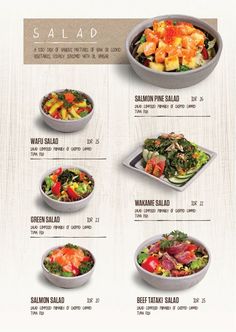 the menu for salad is shown with different types of vegetables and meats in it