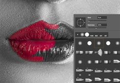 a woman's lips with red lipstick on it and the image in black and white