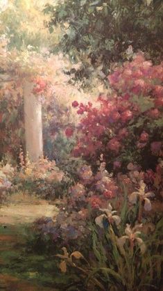 a painting of flowers and trees in a garden