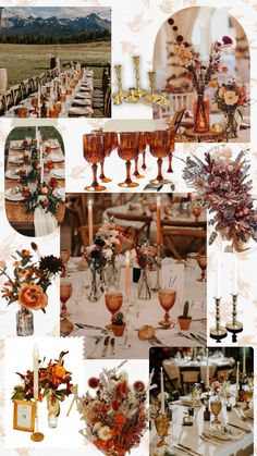 a collage of pictures with flowers, candles and wine glasses on it's table