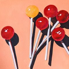 an oil painting of red and yellow lollipops on a pink background,