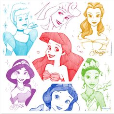 some disney princesses are drawn in different colors