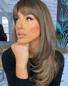 Draped Bangs, Layered Hair Curtain Bangs, Curtain Bangs Brunette, Long Hair Haircut Ideas, Haircut Ideas For Medium Hair, Haircuts Curtain Bangs, Medium Hair Haircuts, Brunette Curtain Bangs, Hairstyles Curtain Bangs