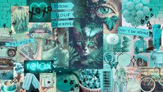 a collage of pictures with blue and green colors, including an image of a cat