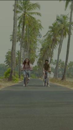 two people riding bikes down the middle of a road with palm trees in the background