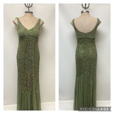 two pictures of the same dress on display, one is green and the other has gold sequins