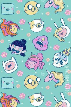 an image of many different cartoon characters on a blue background with pink and yellow flowers