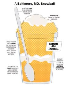 the anatomy of a snowball in a plastic cup with spoons and labels on it