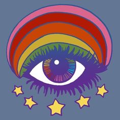 an eye with multicolored eyelashes and stars around it