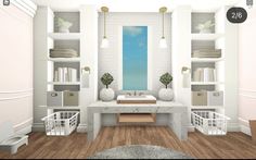 this is a rendering of a bathroom with white walls and wood flooring, along with open shelving