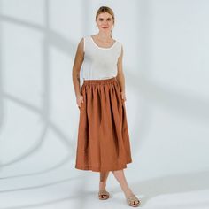 Linen Skirt Midi, Minimalist Fashion Summer, Midi Skirts Summer, Linen Midi Skirt, Loungewear Dress, Elastic Skirt, Skirt With Pockets, Cute Summer Dresses, Midi Skirts