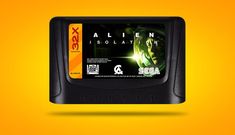 the alien isolation game is on display in front of an orange background with black and yellow accents